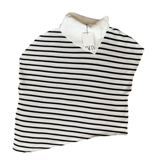 ZARA Sweater Top Small Black White Stripe Cap Sleeves Cowl Neck Asymmetrical NWT - Picture 5 of 9
